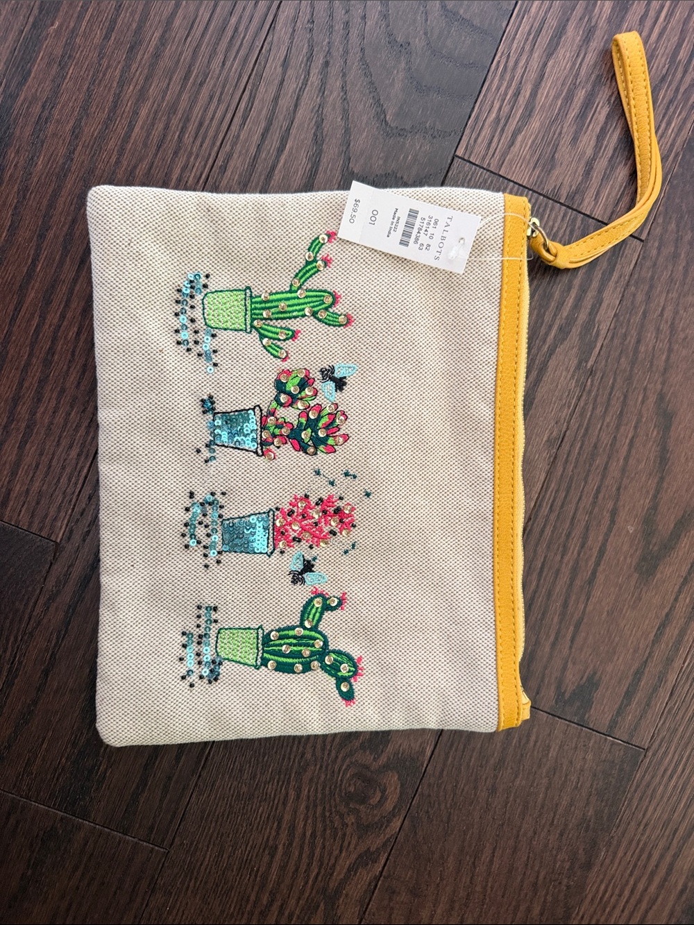 Talbots Beige Canvas Wristlet with Yellow Trim and Colorful Cactus Embroidery